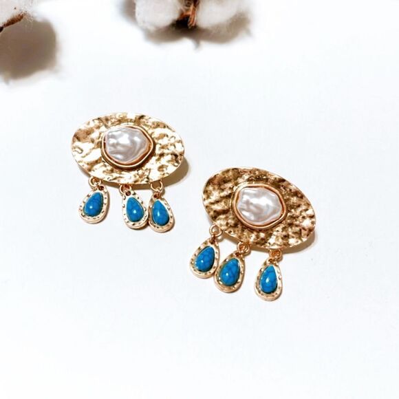 Stone drop pearl dangle earrings N302 - Picture 2 of 5